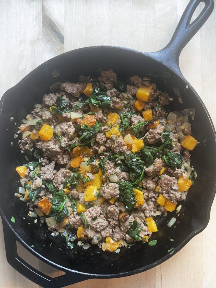 hamburger, butternut squash and spinach skillet dinner