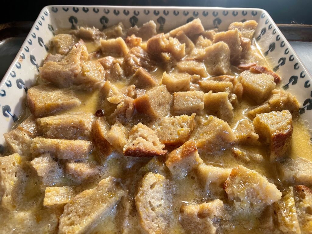 sourdough bread pudding in the oven 