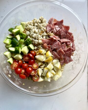 summer pasta salad with ingredients added