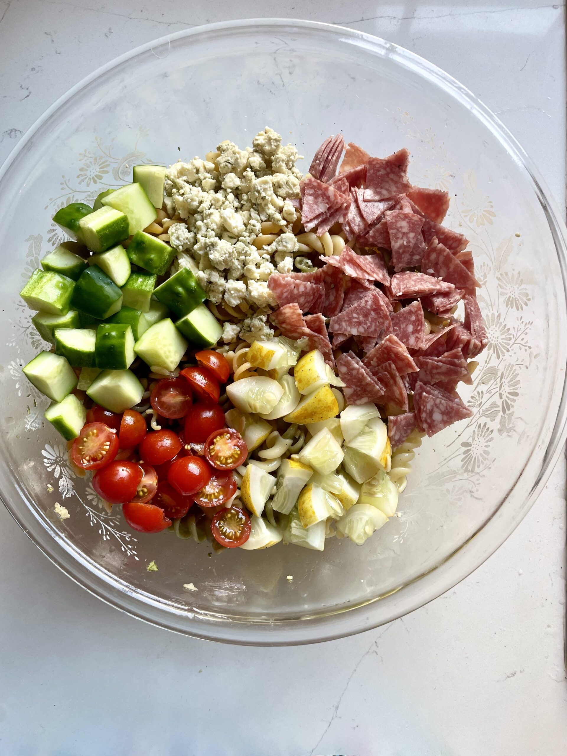 summer pasta salad with ingredients added